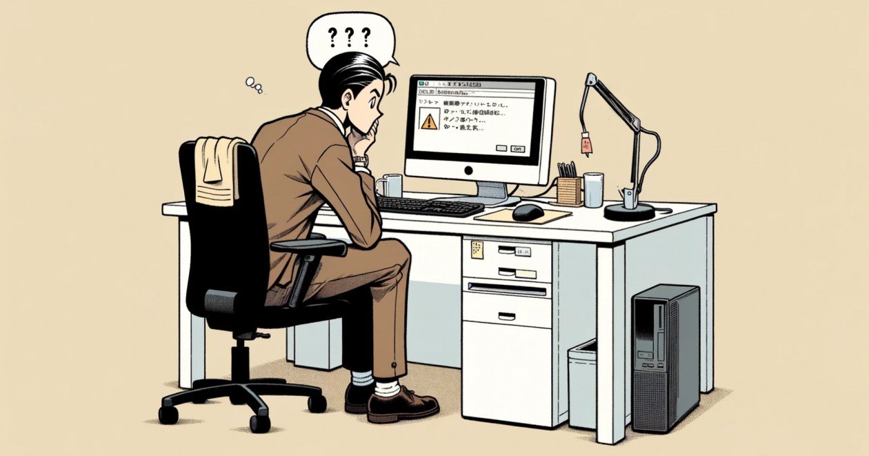パソコンの前で、なぜ問題が起こっているのか理解できない社員