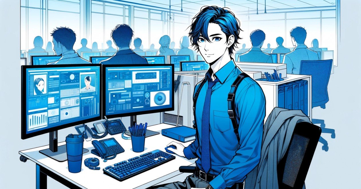 パソコンの前で、落ち着いた表情でこちらを見ている男性IT社員